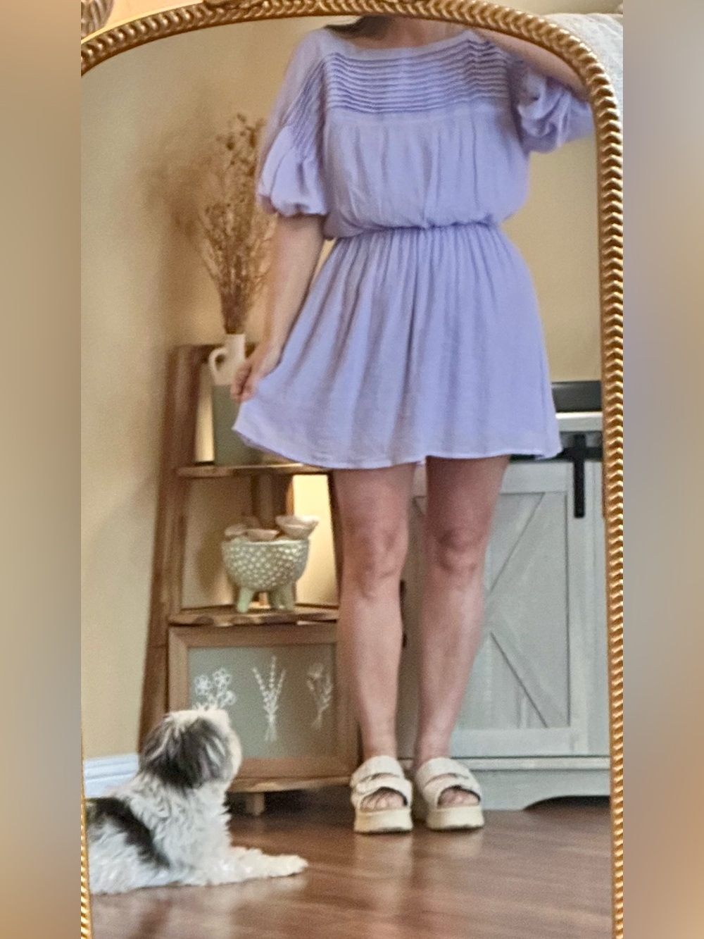 La Lavon Lavender Pleated Pin Tuck Puff Sleeve Boho Mini Dress